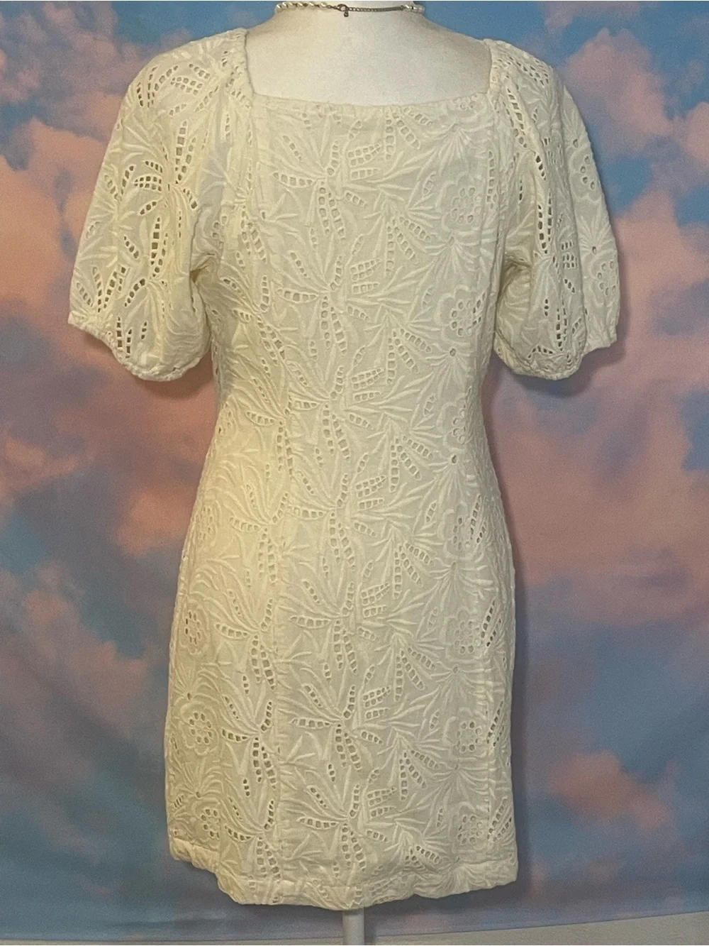Darling Free People Cream Eyelet Puff Sleeve/ Button-Front Mini Dress